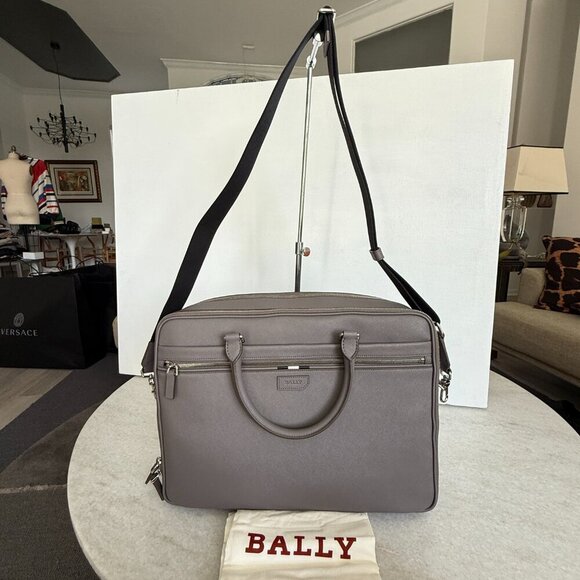 Bally Plinye Grey Saffiano Leather Palladio hardware computer briefcase 6306297 - Picture 2 of 15
